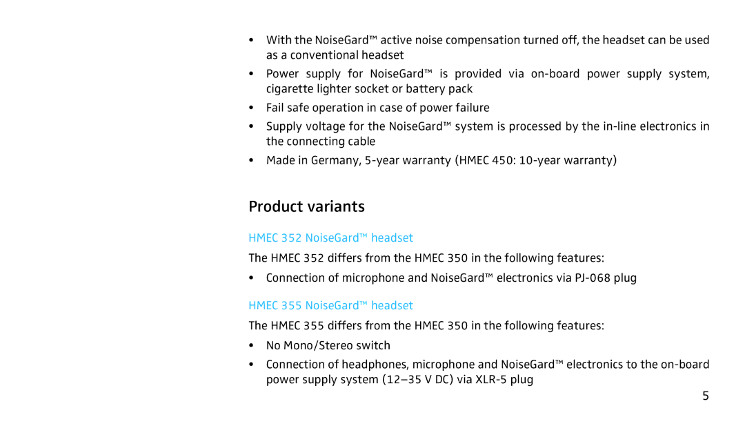 Sennheiser SH350 manual Product variants, Hmec 352 NoiseGard headset, Hmec 355 NoiseGard headset 