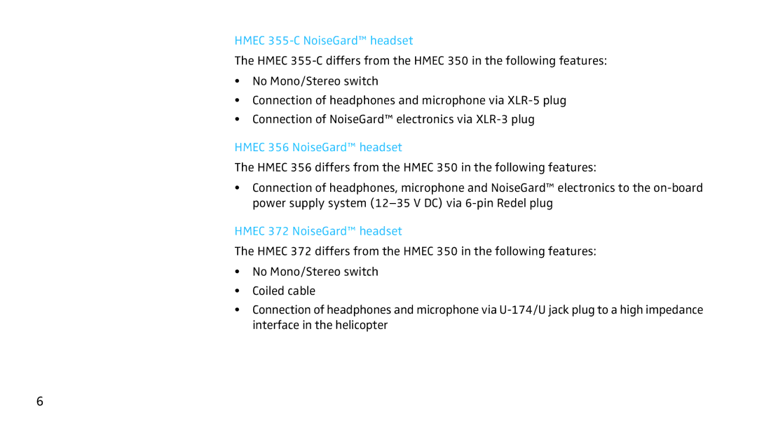 Sennheiser SH350 manual Hmec 355-C NoiseGard headset, Hmec 356 NoiseGard headset, Hmec 372 NoiseGard headset 