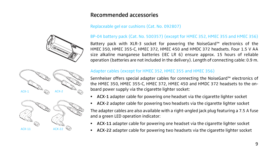 Sennheiser SH350 manual Recommended accessories, Adapter cables except for Hmec 352, Hmec 355 and Hmec 