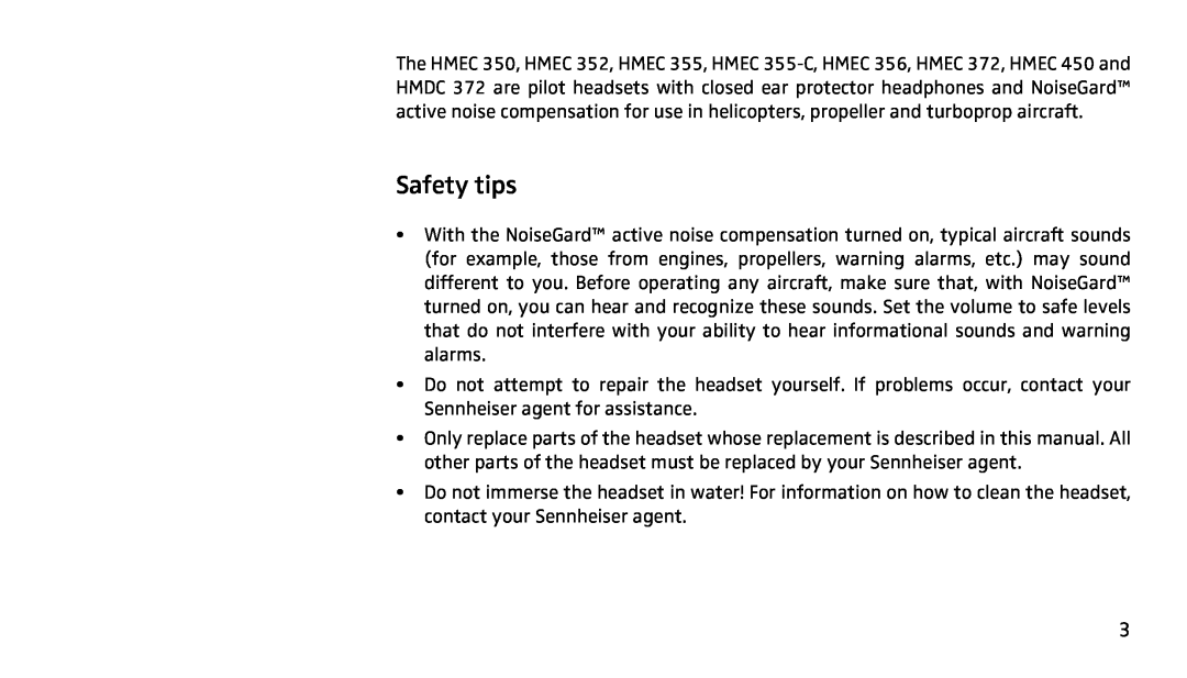 Sennheiser SH350 manual Safety tips 