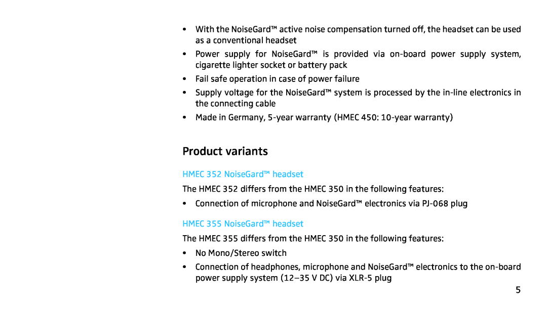 Sennheiser SH350 manual Product variants, HMEC 352 NoiseGard headset, HMEC 355 NoiseGard headset 
