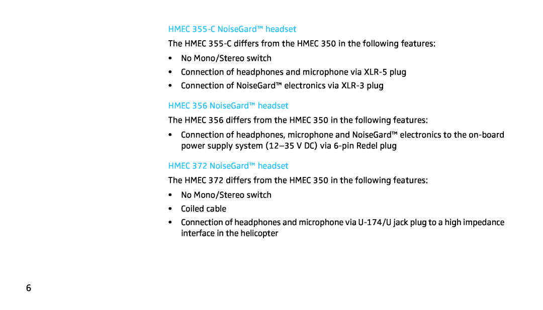 Sennheiser SH350 manual HMEC 355-CNoiseGard headset, HMEC 356 NoiseGard headset, HMEC 372 NoiseGard headset 