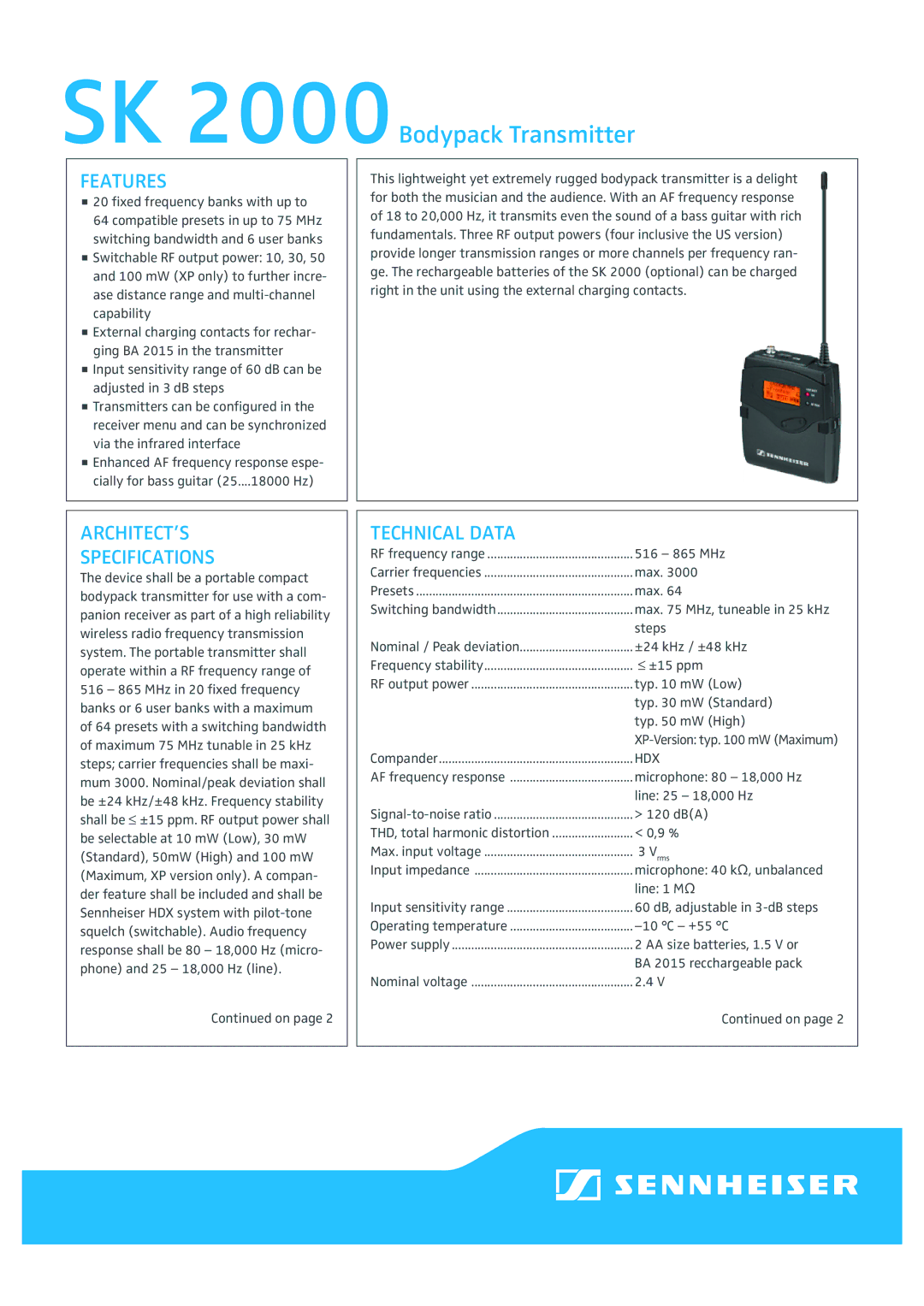 Sennheiser specifications SK 2000Bodypack Transmitter, Features, ARCHITECT’S Specifications, Technical Data, Hdx 