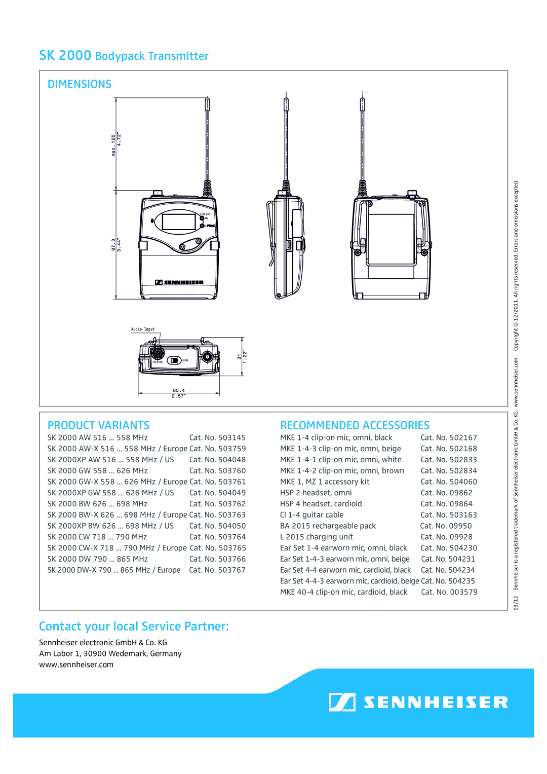 Sennheiser SK 2000 specifications Dimensions Product Variants Recommended Accessories 