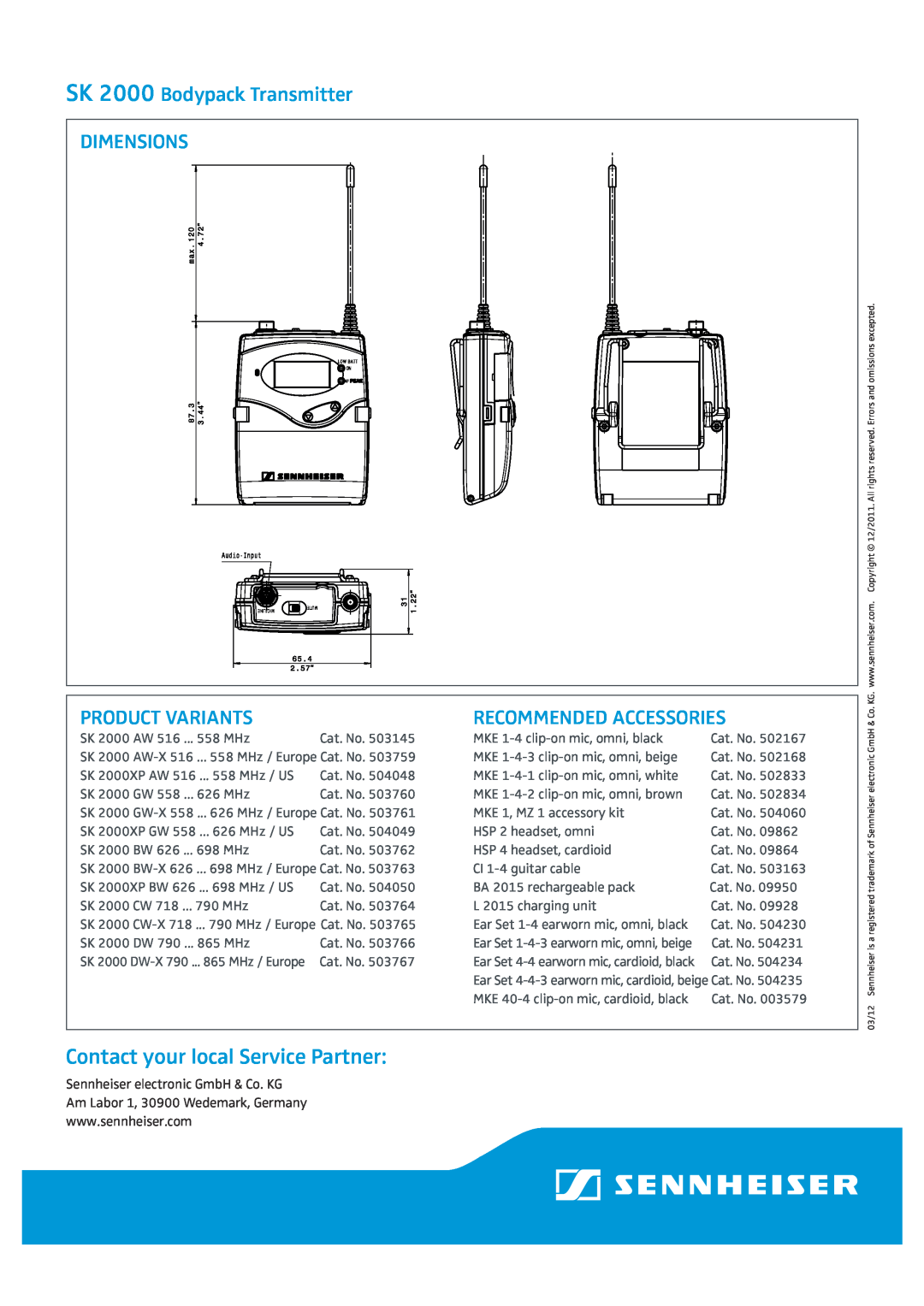 Sennheiser specifications SK 2000 Bodypack Transmitter DIMENSIONS, Product Variants, Recommended Accessories 