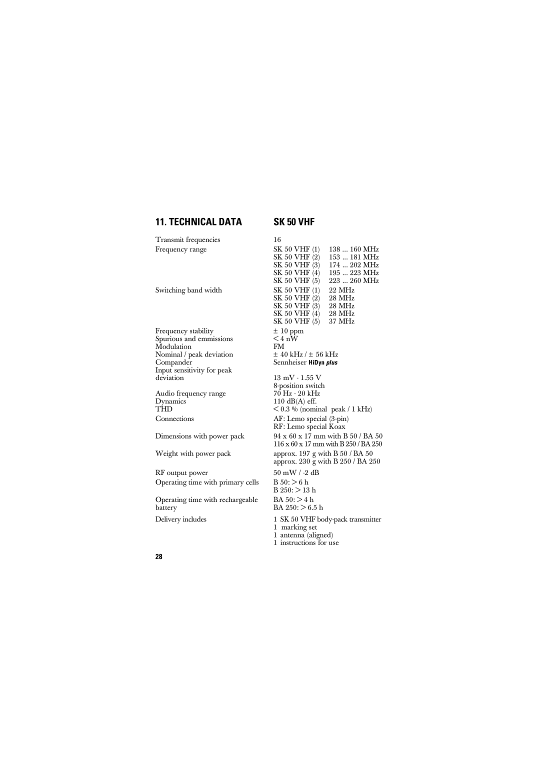 Sennheiser SK 250, SK 50_250 manual Technical Data SK 50 VHF 