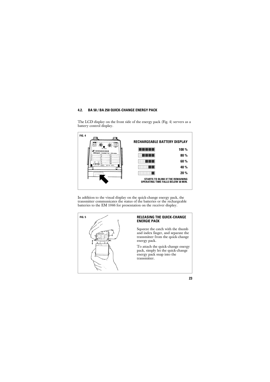 Sennheiser SK 50_250, SK 250 manual Rechargeable Battery Display, 100 % 80 % 60 % 40 % 20 %, Energie Pack 