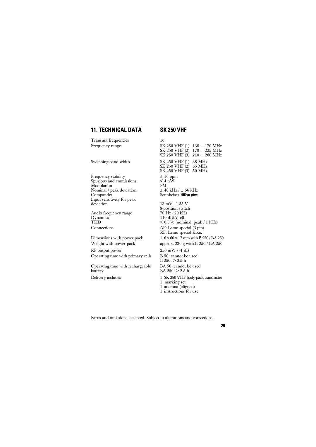 Sennheiser SK 50_250 manual SK 250 VHF, Technical Data 