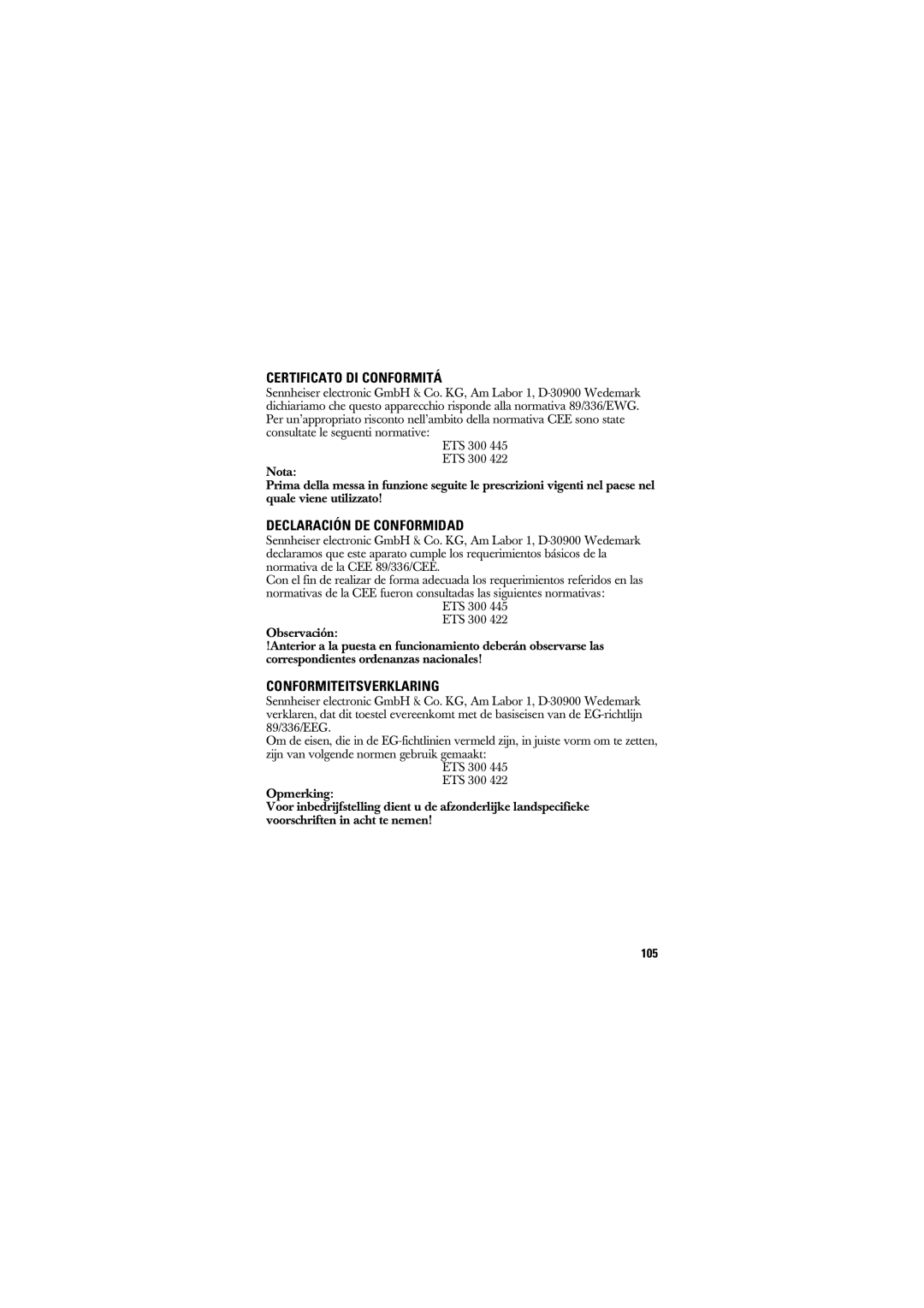Sennheiser SK 50_250, SK 250 manual Certificato Di Conformitá, Declaración De Conformidad, Conformiteitsverklaring 