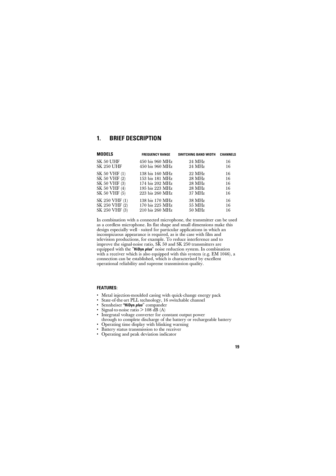 Sennheiser SK 50_250, SK 250 manual Brief Description, Models, Features 