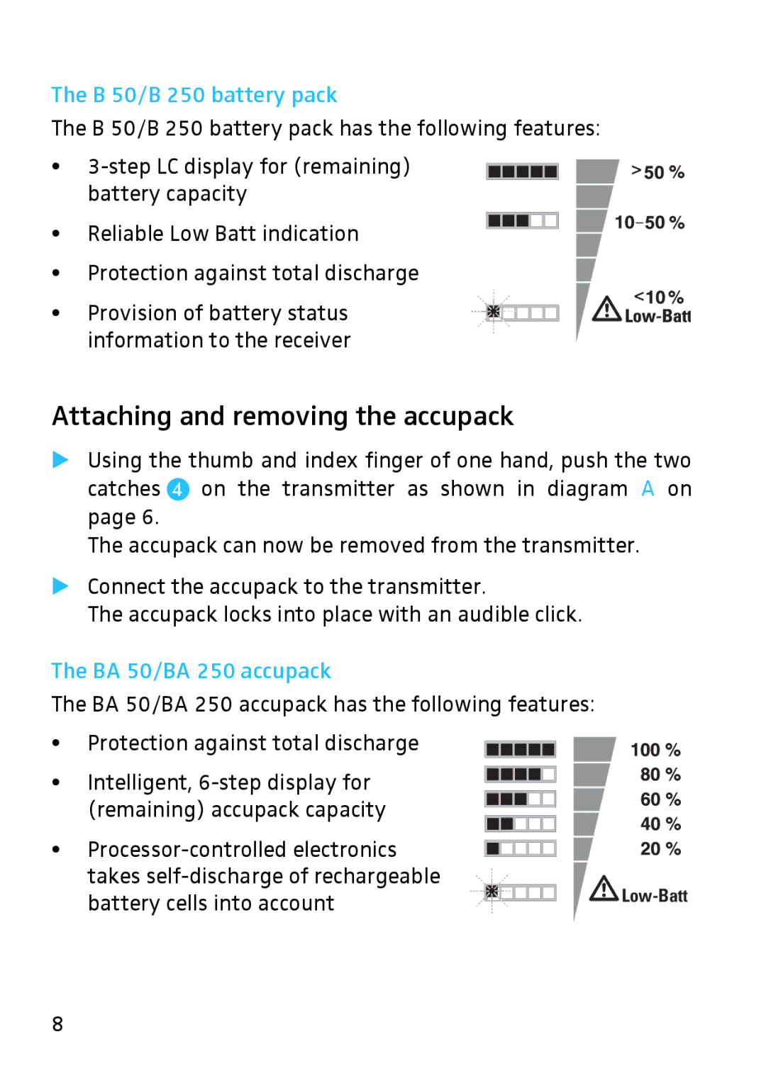 Sennheiser SK 3063-U instruction manual Attaching and removing the accupack, B 50/B 250 battery pack, BA 50/BA 250 accupack 