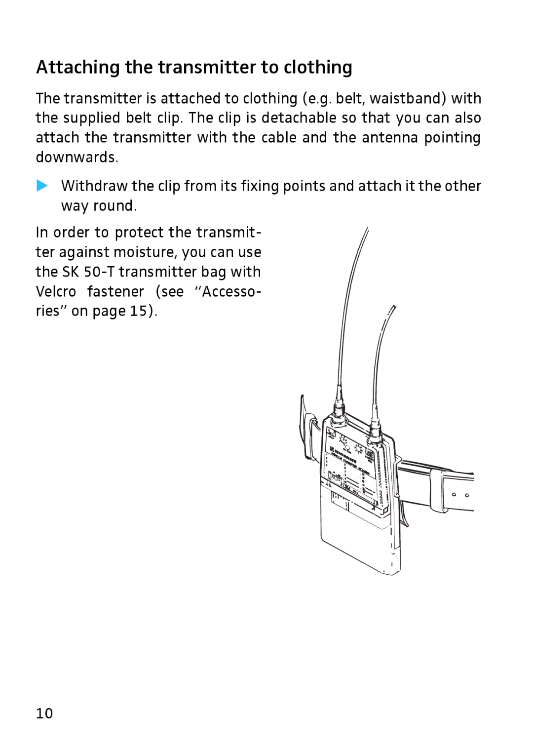 Sennheiser SK 3063-U instruction manual Attaching the transmitter to clothing 