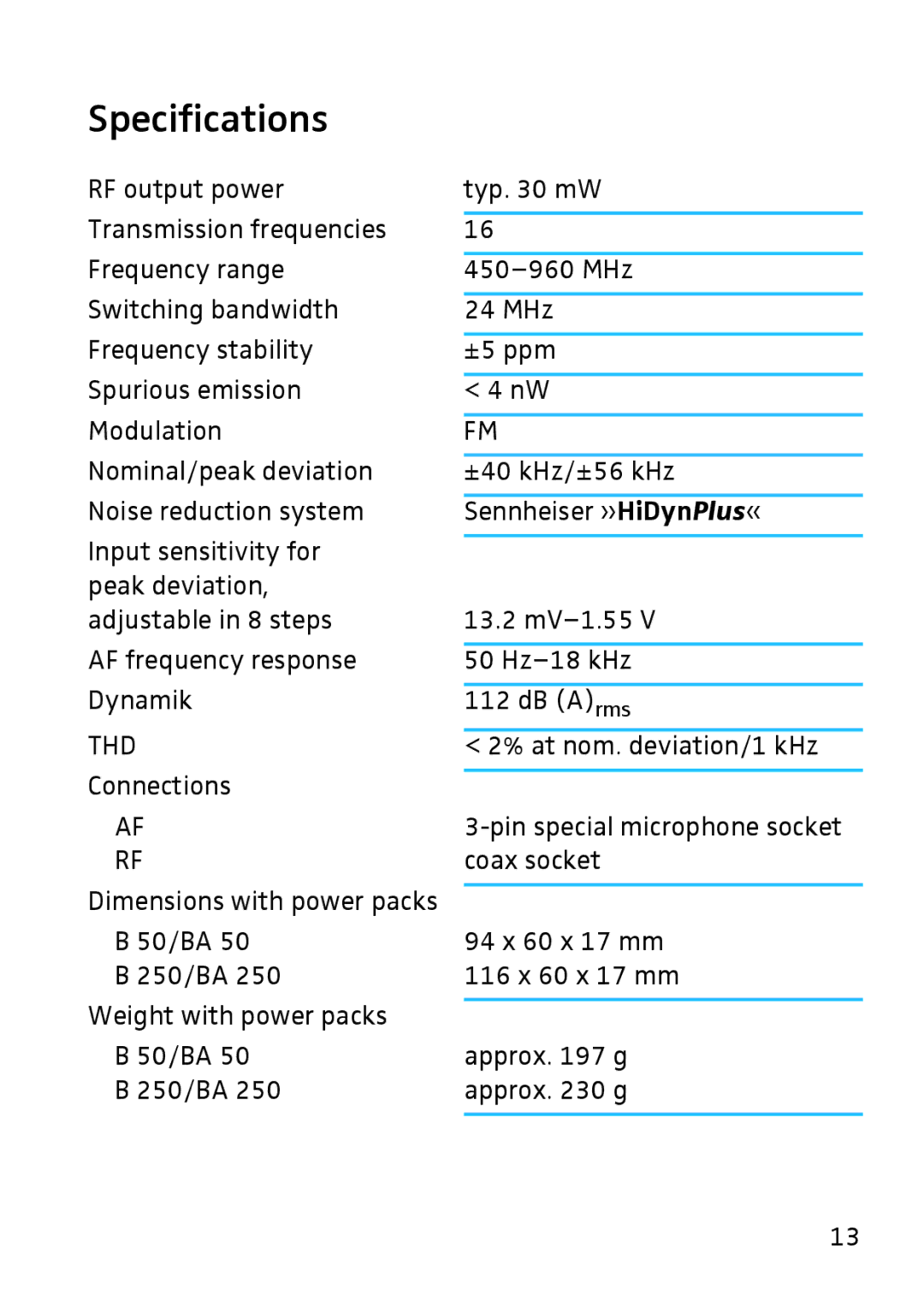 Sennheiser SK 3063-U instruction manual Specifications, Thd 