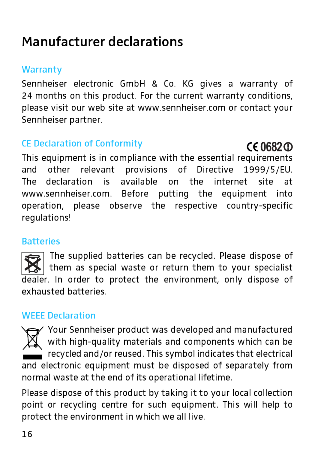 Sennheiser SK 3063-U Manufacturer declarations, Warranty CE Declaration of Conformity, Batteries, Weee Declaration 