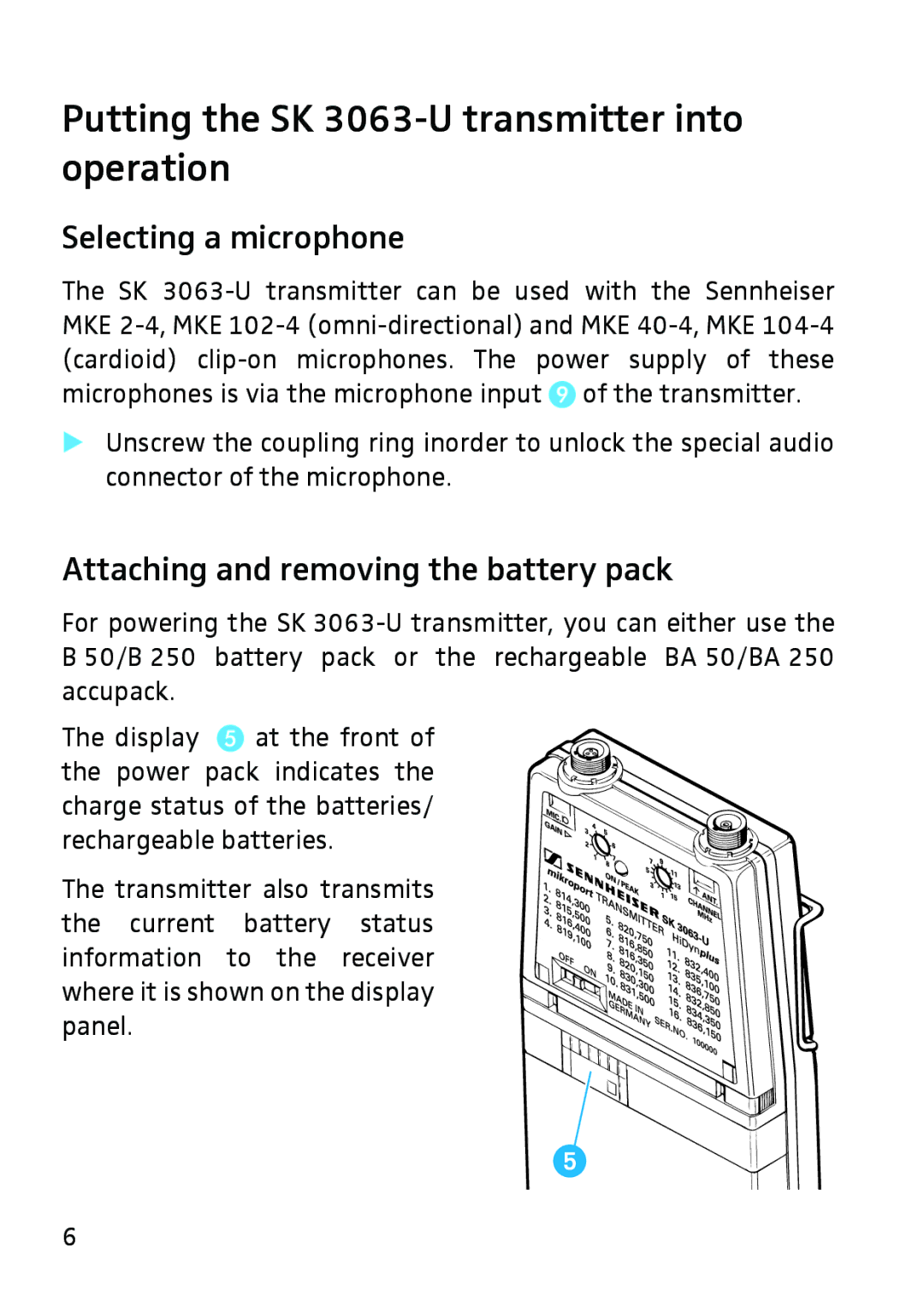 Sennheiser instruction manual Putting the SK 3063-U transmitter into operation, Selecting a microphone 