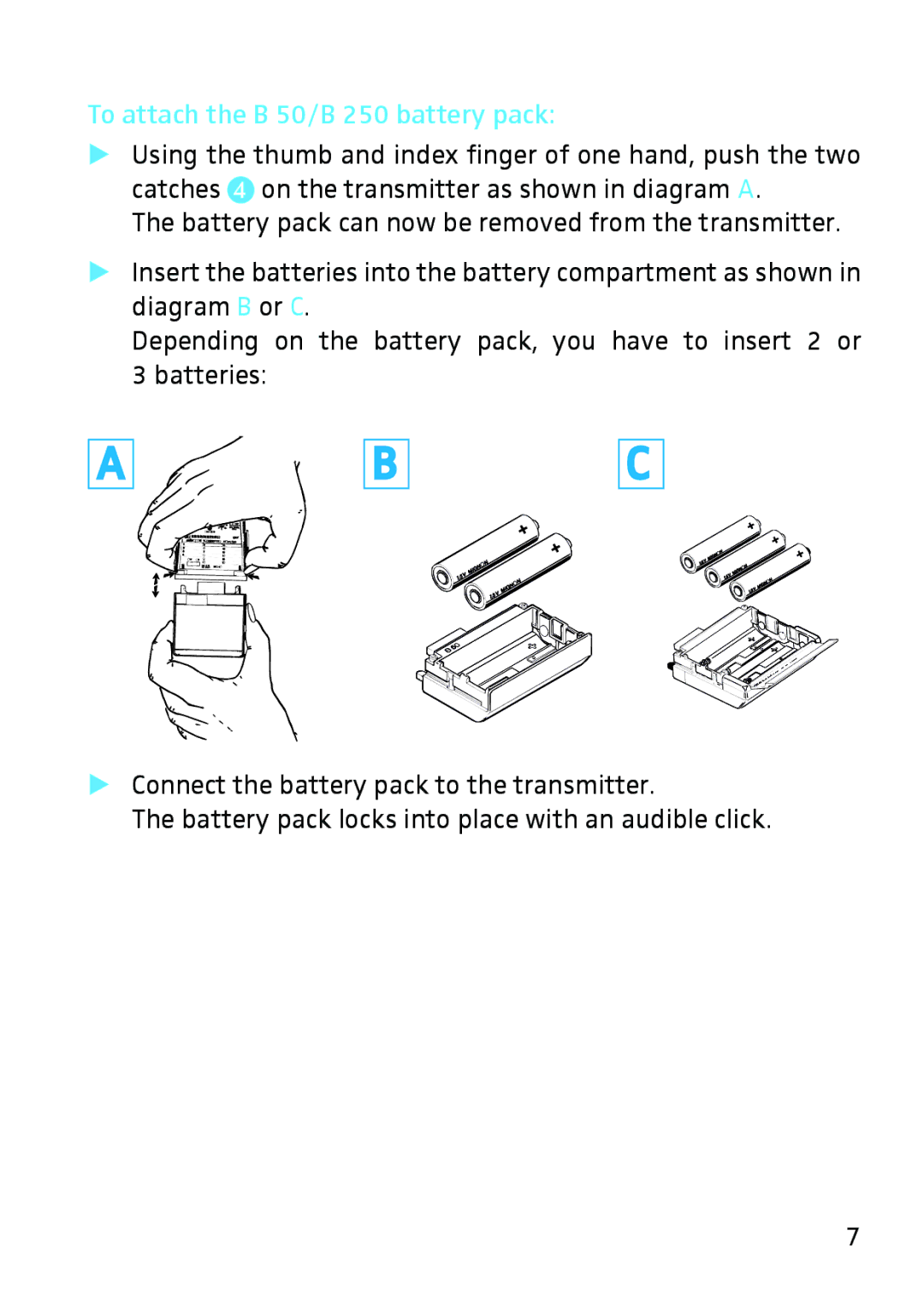 Sennheiser SK 3063-U instruction manual To attach the B 50/B 250 battery pack 