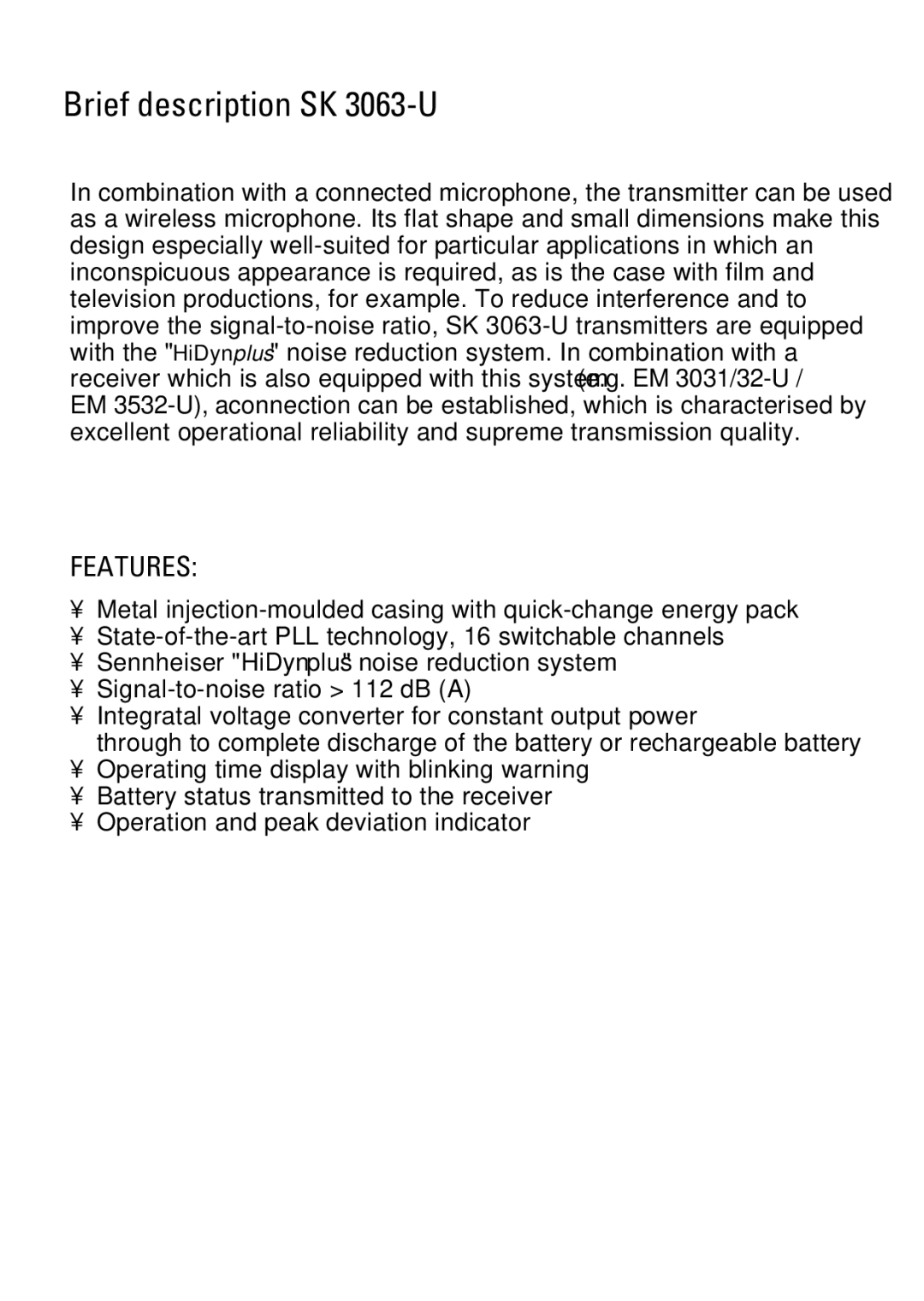 Sennheiser manual Brief description SK 3063-U, Features 