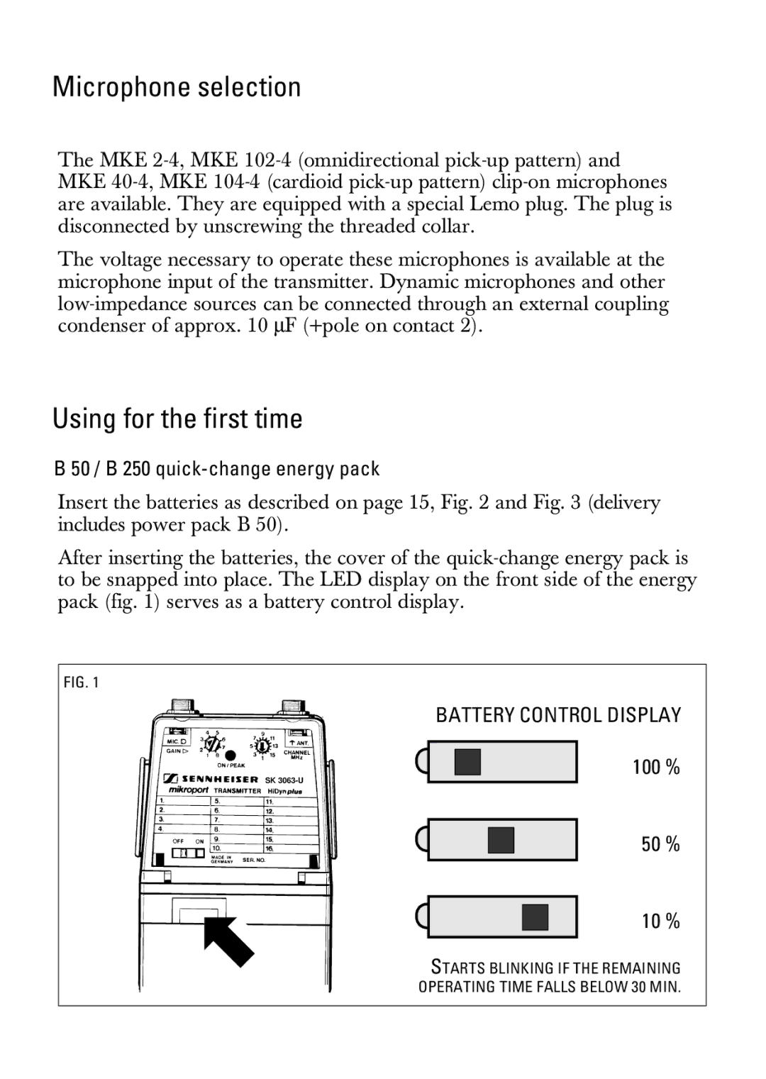 Sennheiser SK 3063-U manual Microphone selection, Using for the first time 