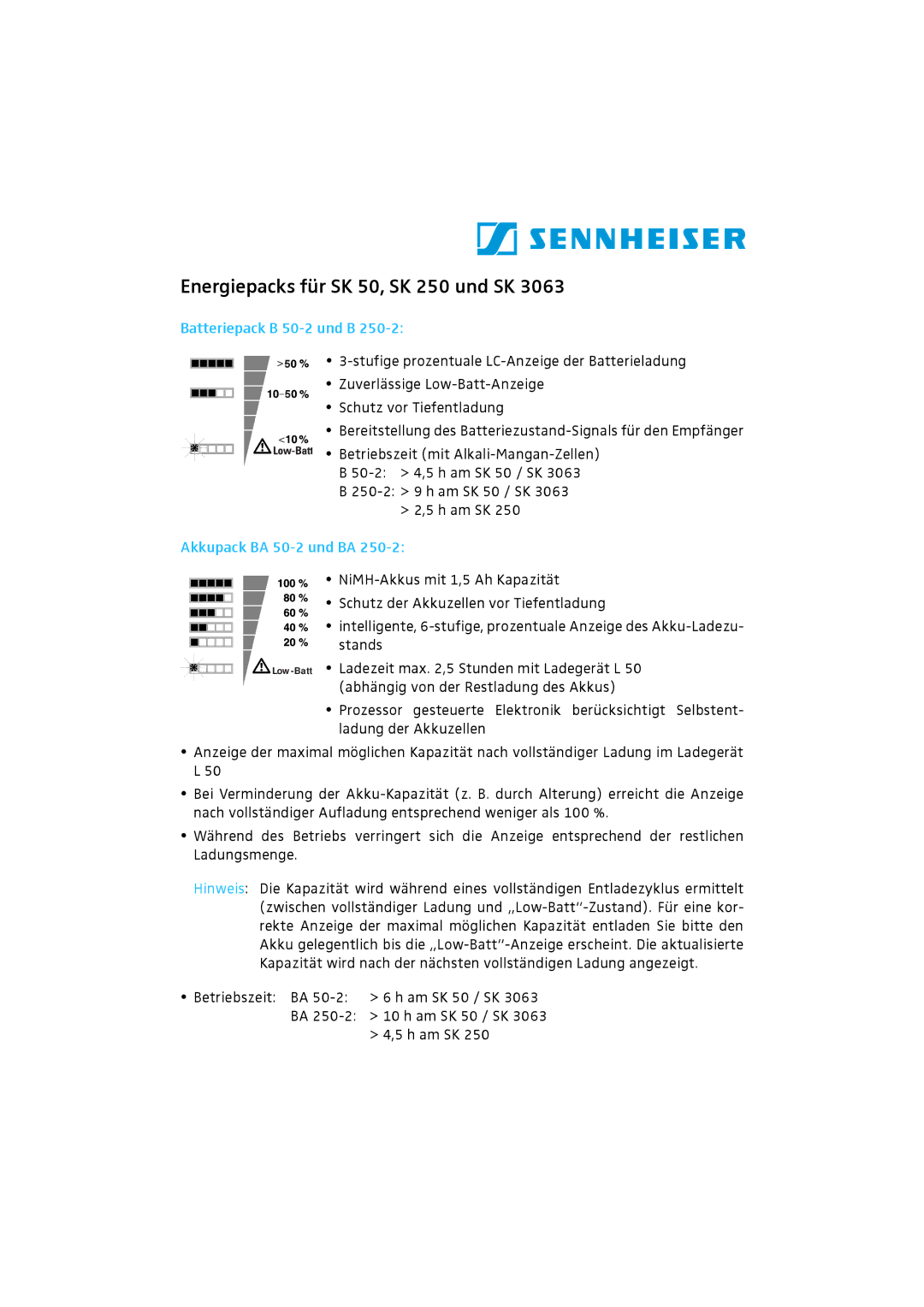 Sennheiser SK 3063 manual Energiepacks für SK 50, SK 250 und SK, Batteriepack B 50-2 und B, Akkupack BA 50-2 und BA 