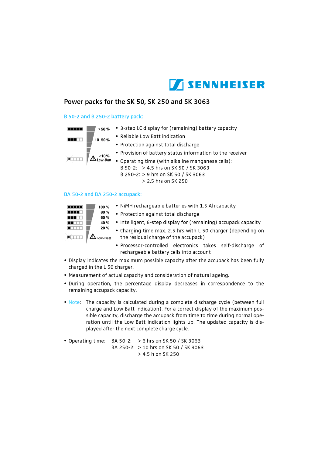 Sennheiser SK 3063 manual Power packs for the SK 50, SK 250 and SK, B 250-2 battery pack, BA 50-2 and BA 250-2 accupack 