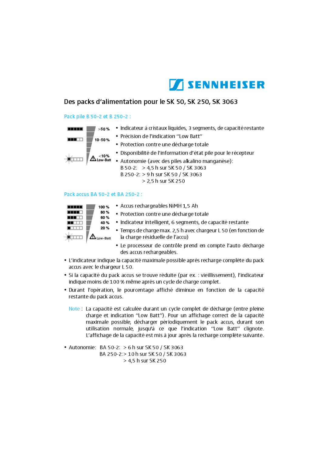 Sennheiser SK 3063 Des packs d‘alimentation pour le SK 50, SK 250, SK, Pack pile B 50-2 et B, Pack accus BA 50-2 et BA 