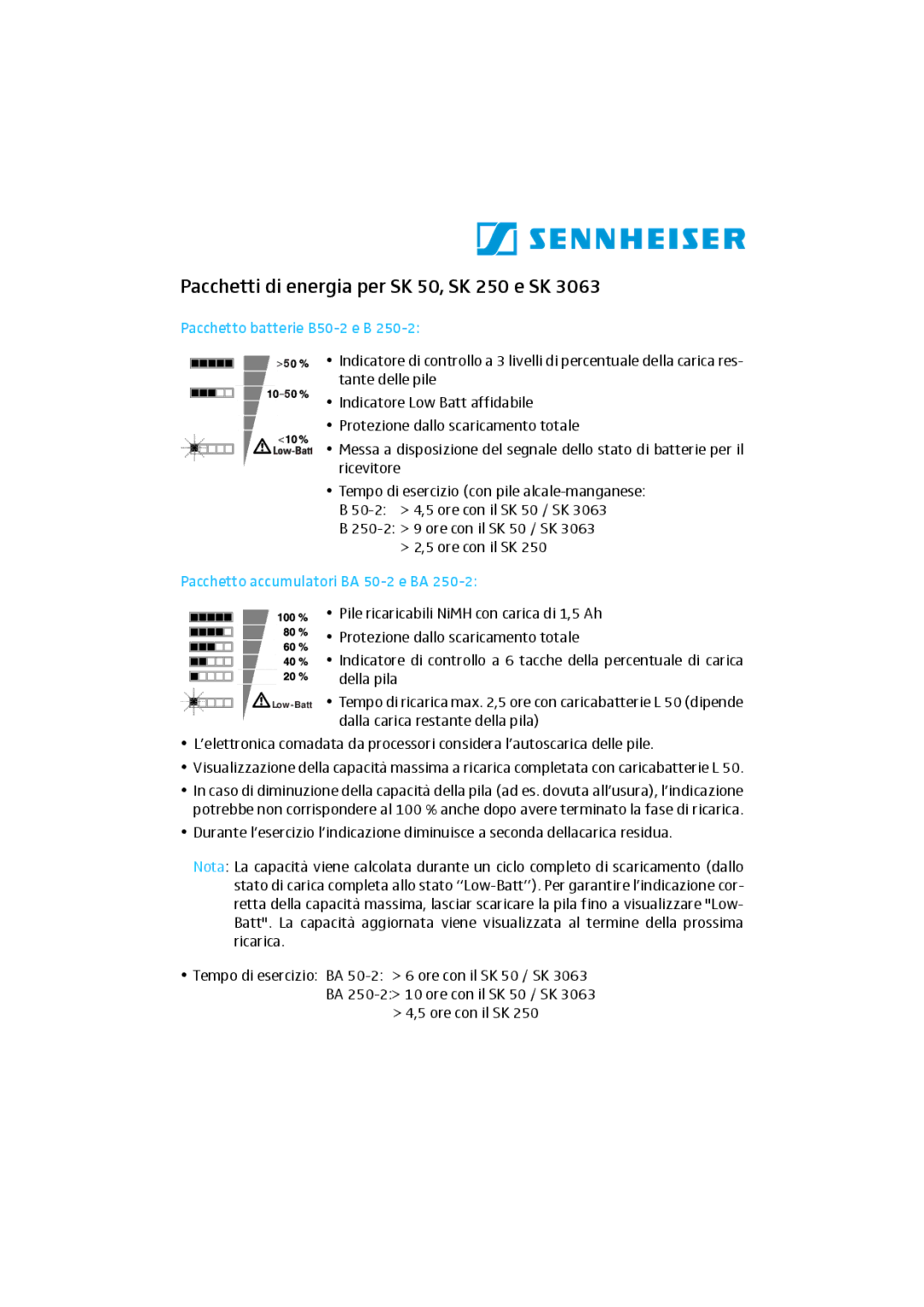 Sennheiser SK 3063 manual Pacchetti di energia per SK 50, SK 250 e SK, Pacchetto batterie B50-2 e B 