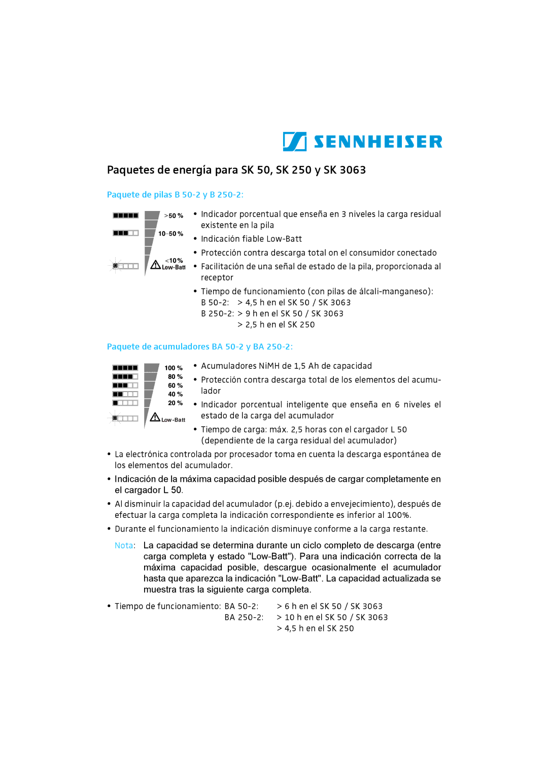 Sennheiser SK 3063 manual Paquetes de energía para SK 50, SK 250 y SK, Paquete de pilas B 50-2 y B 