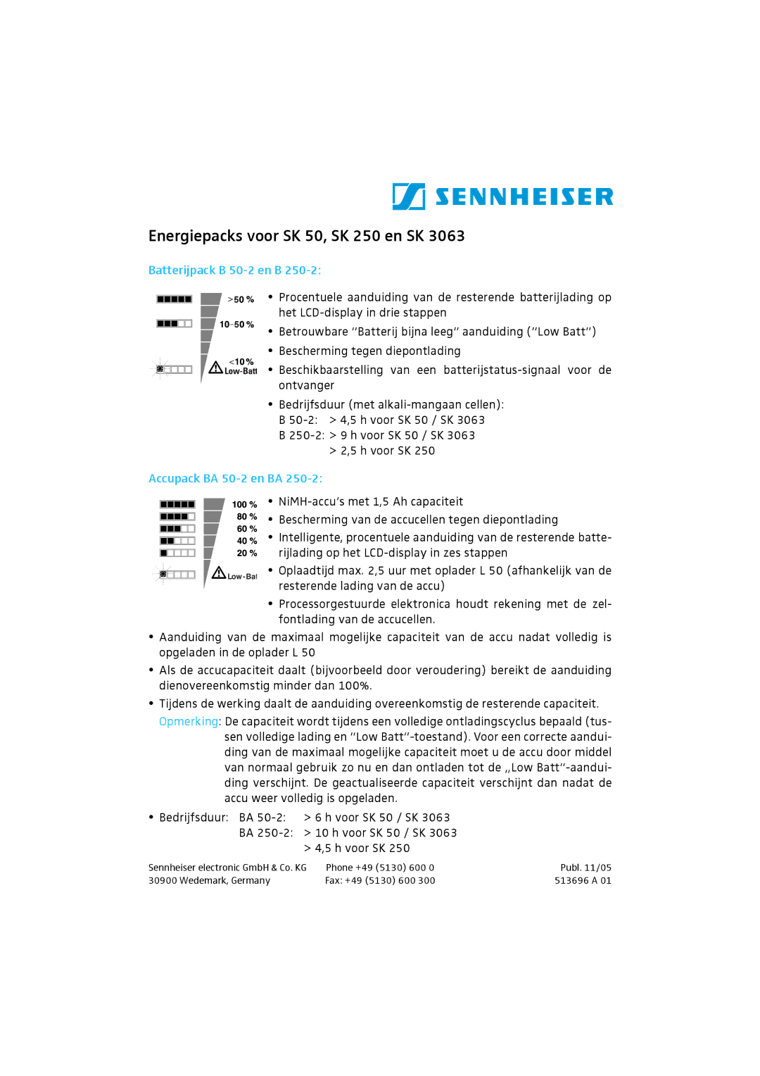 Sennheiser SK 3063 manual Energiepacks voor SK 50, SK 250 en SK, Batterijpack B 50-2 en B, Accupack BA 50-2 en BA 