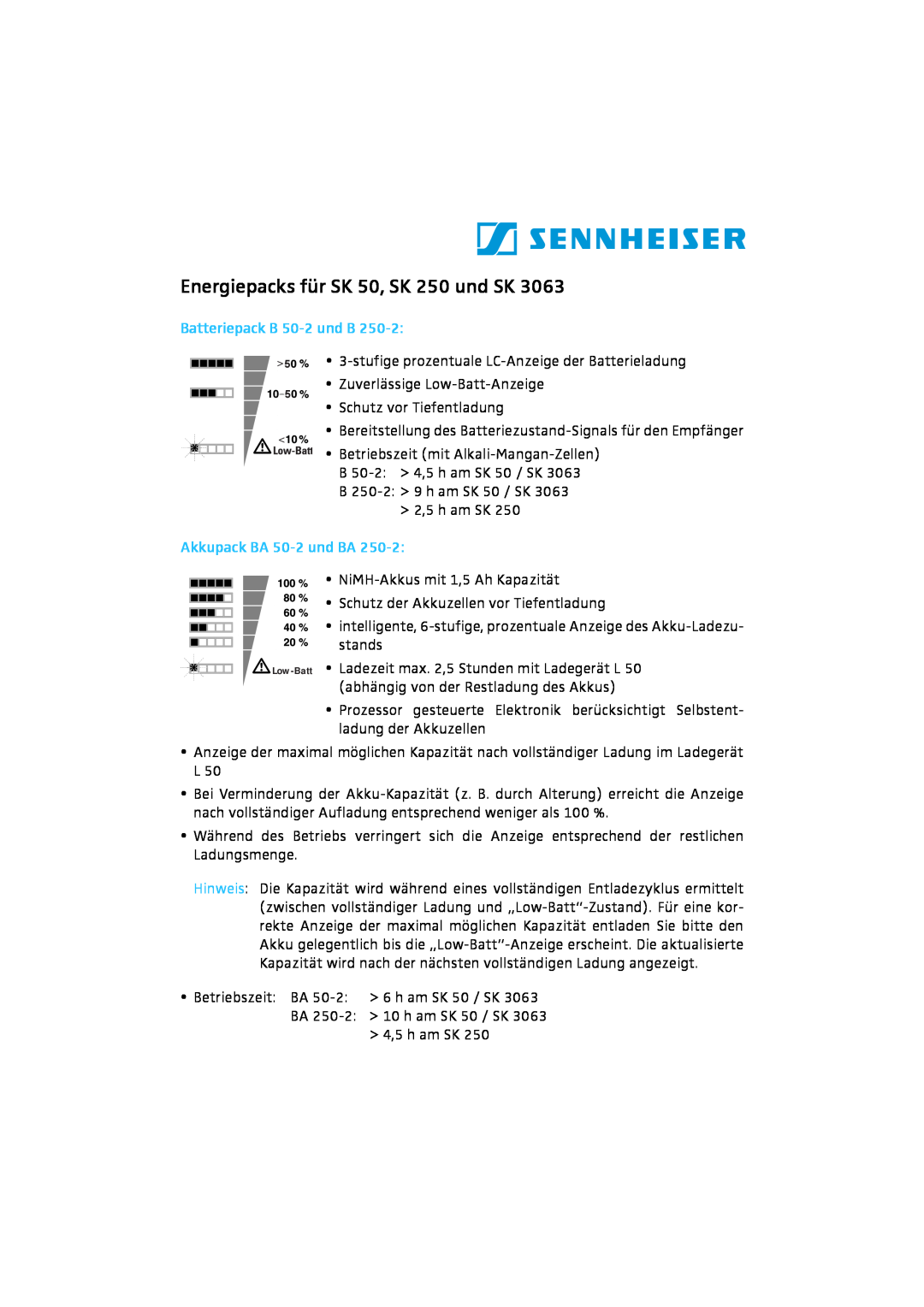 Sennheiser SK 3063 manual Energiepacks für SK 50, SK 250 und SK, Batteriepack B 50-2und B, Akkupack BA 50-2und BA 