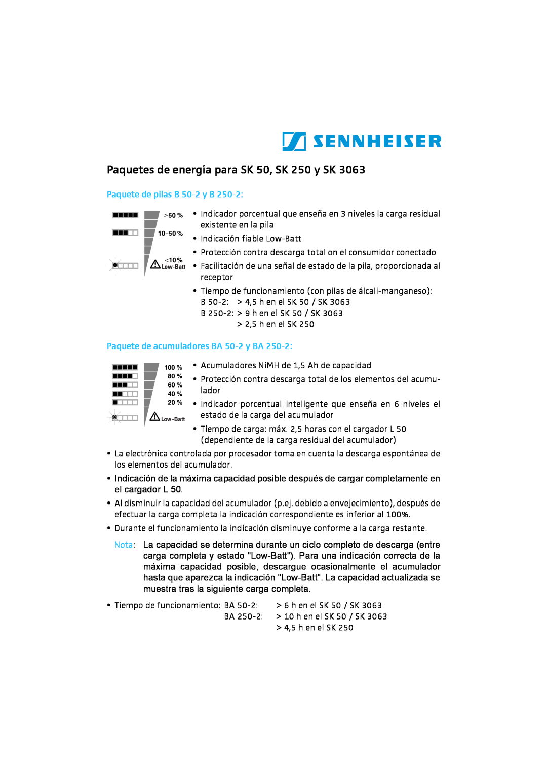 Sennheiser SK 3063 manual Paquetes de energía para SK 50, SK 250 y SK, Paquete de pilas B 50-2y B 