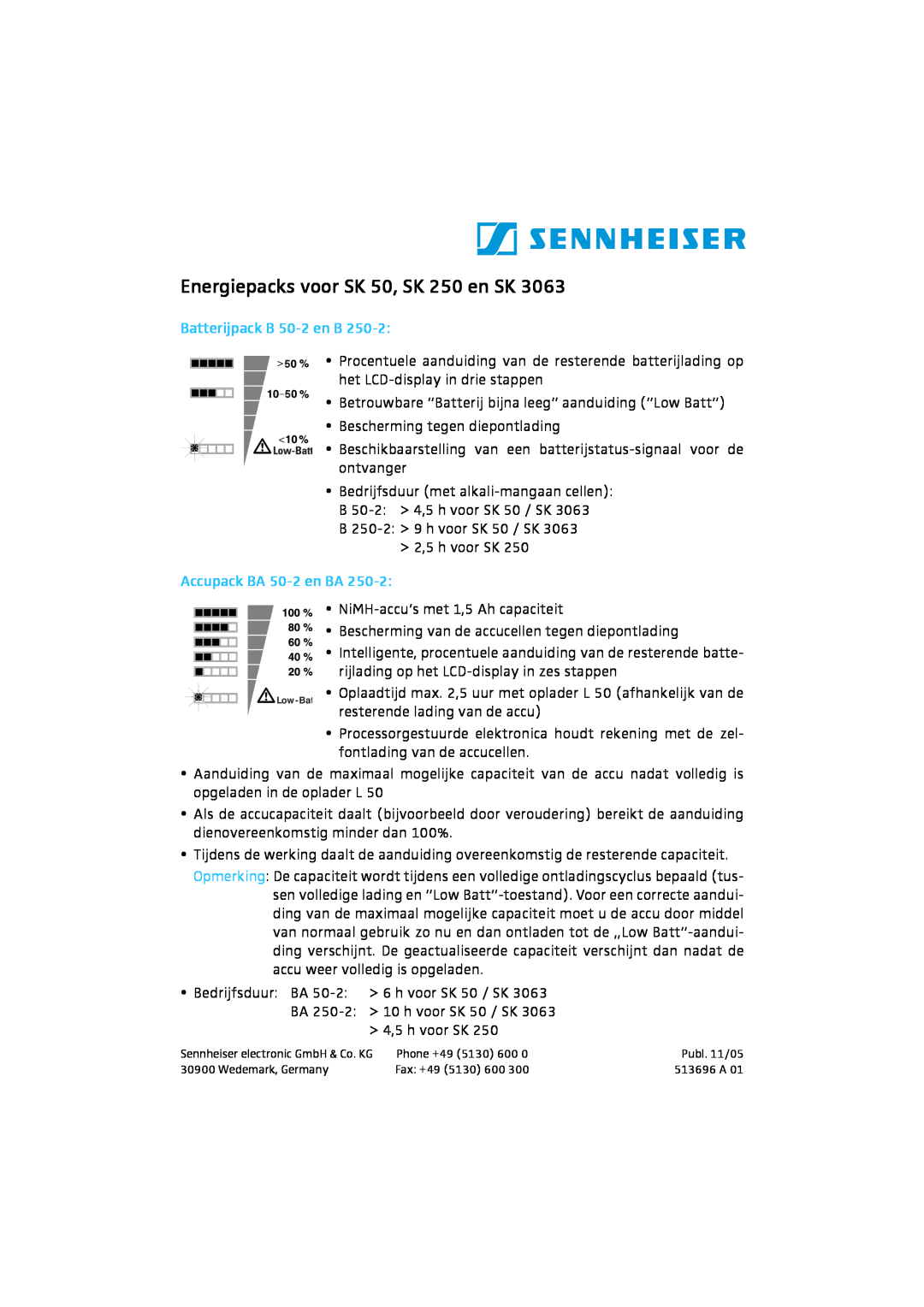 Sennheiser SK 3063 manual Energiepacks voor SK 50, SK 250 en SK, Batterijpack B 50-2en B, Accupack BA 50-2en BA 