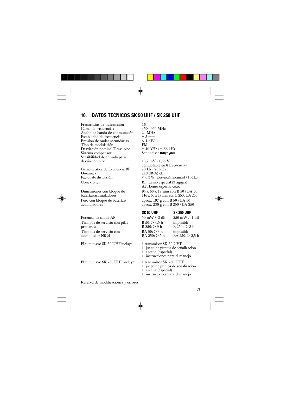 Sennheiser manual Datos Tecnicos SK 50 UHF / SK 250 UHF 