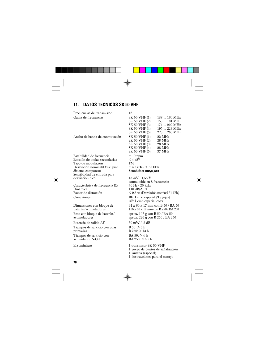 Sennheiser SK 250 manual Datos Tecnicos SK 50 VHF 