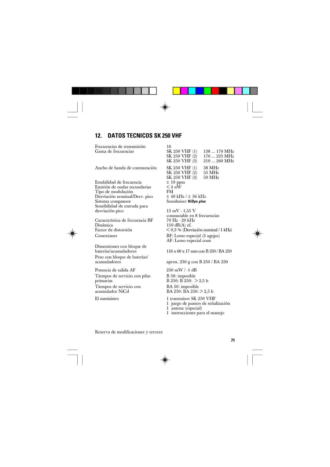 Sennheiser SK 50 manual Datos Tecnicos SK 250 VHF 