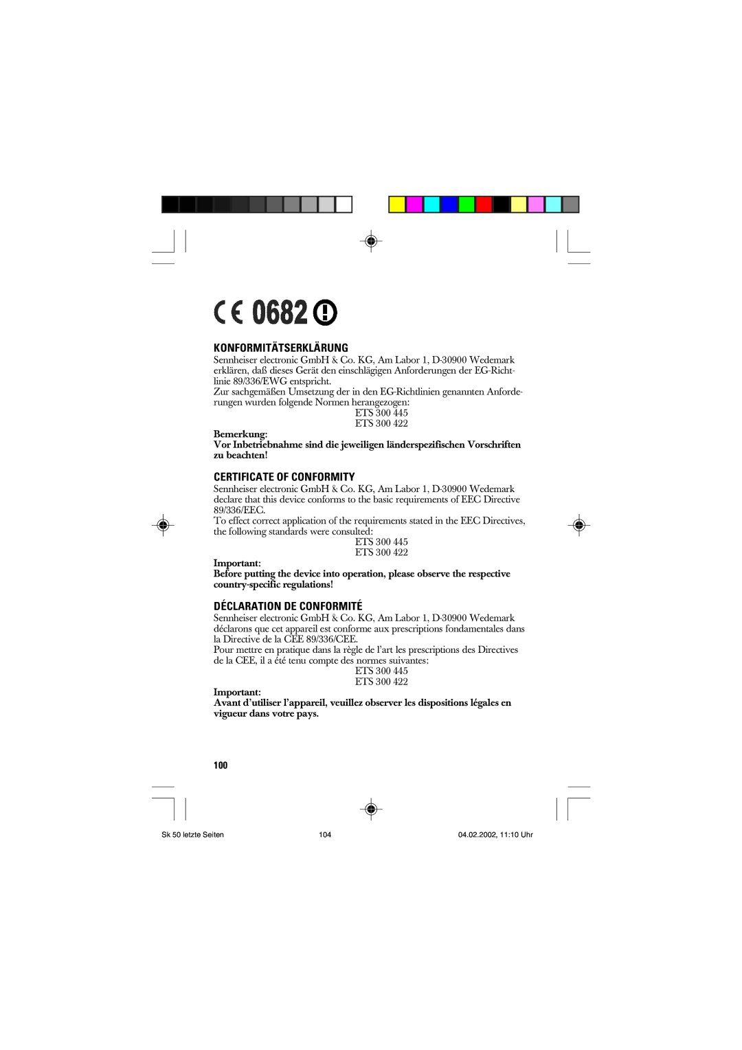 Sennheiser SK 50, SK 250 manual Konformitätserklärung 