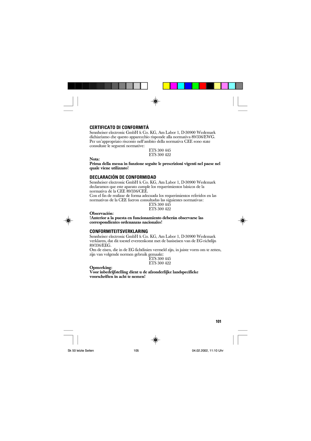 Sennheiser SK 250, SK 50 manual Certificato DI Conformitá 