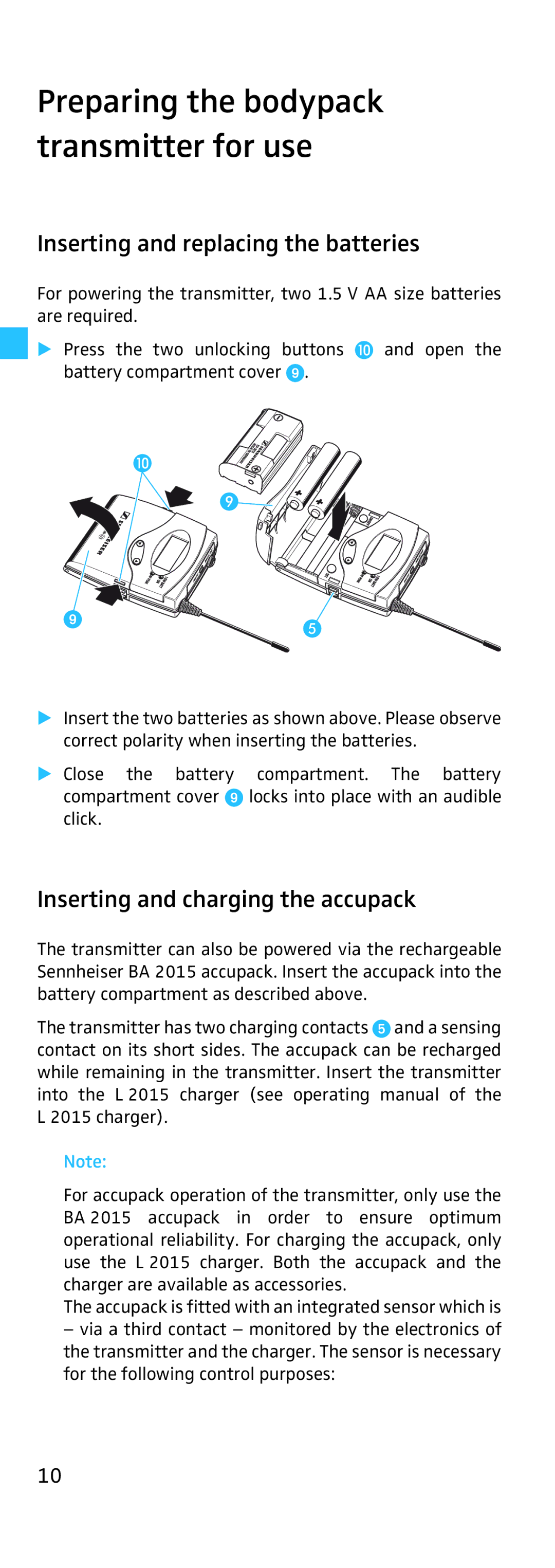 Sennheiser SK 500, EK 500 manual Inserting and replacing the batteries, Inserting and charging the accupack 