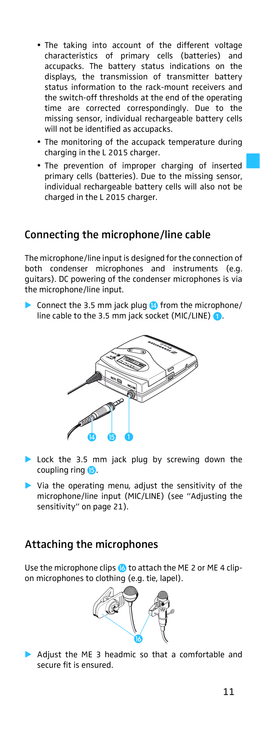 Sennheiser EK 500, SK 500 manual Connecting the microphone/line cable, Attaching the microphones 