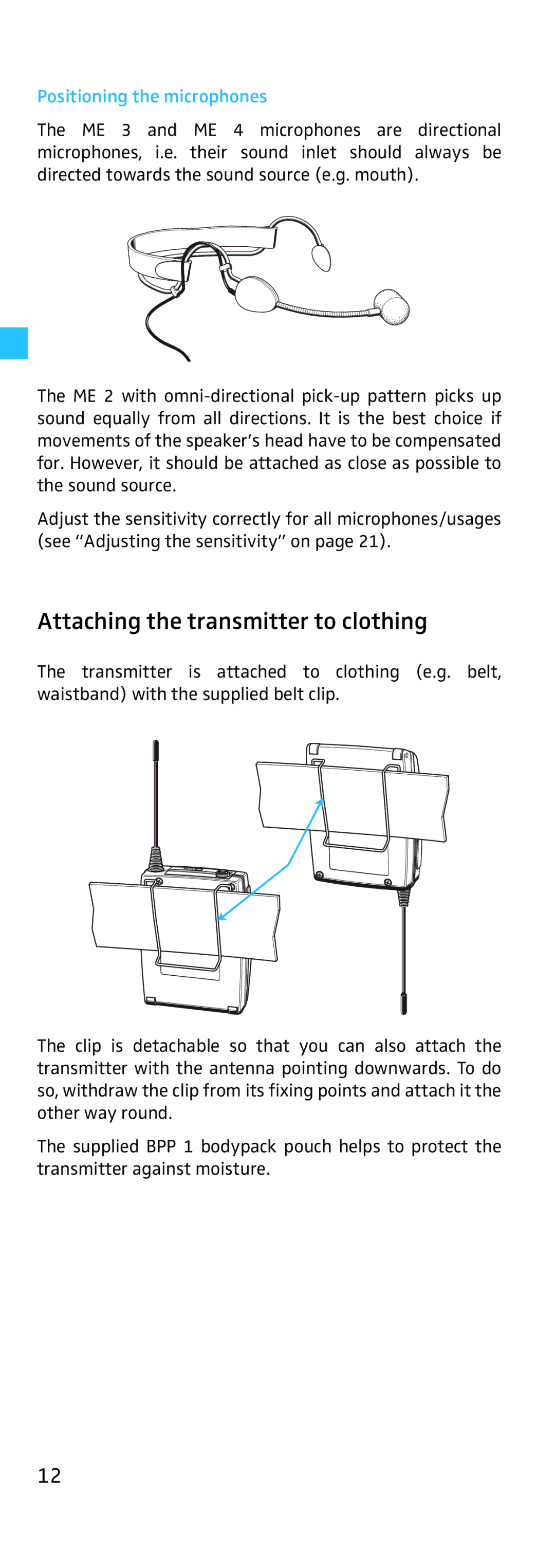 Sennheiser SK 500, EK 500 manual Attaching the transmitter to clothing, Positioning the microphones 