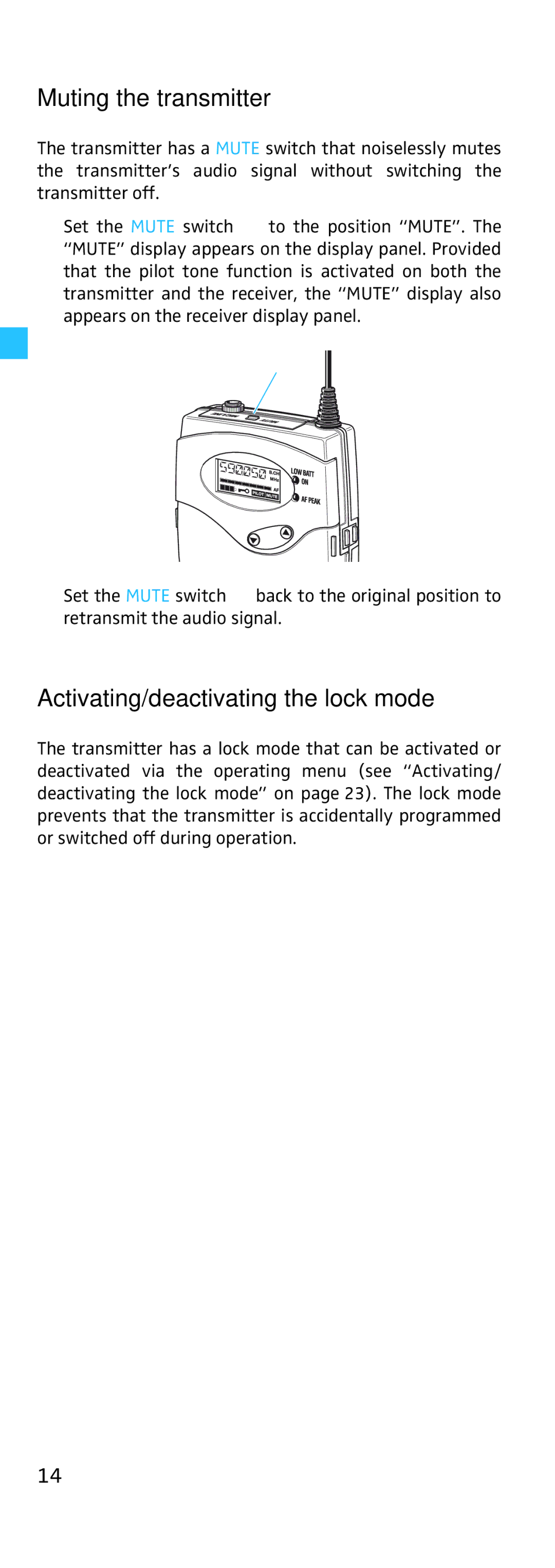 Sennheiser SK 500, EK 500 manual Muting the transmitter, Activating/deactivating the lock mode 