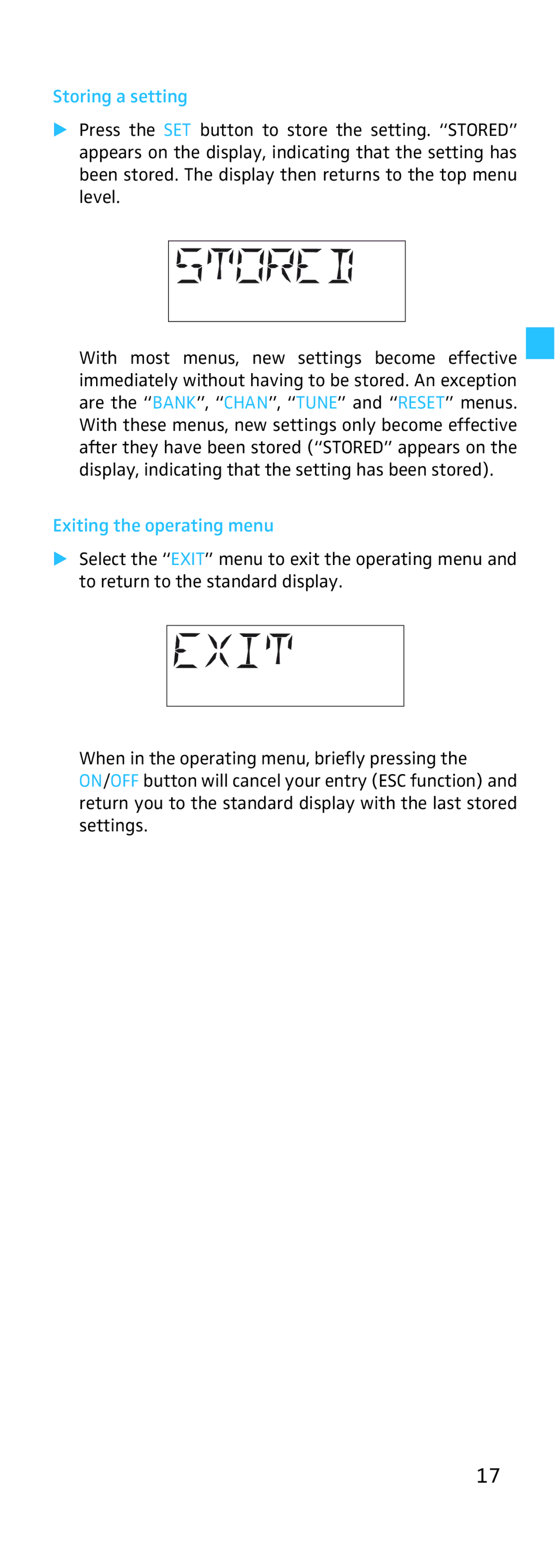 Sennheiser EK 500, SK 500 manual Storing a setting, Exiting the operating menu 