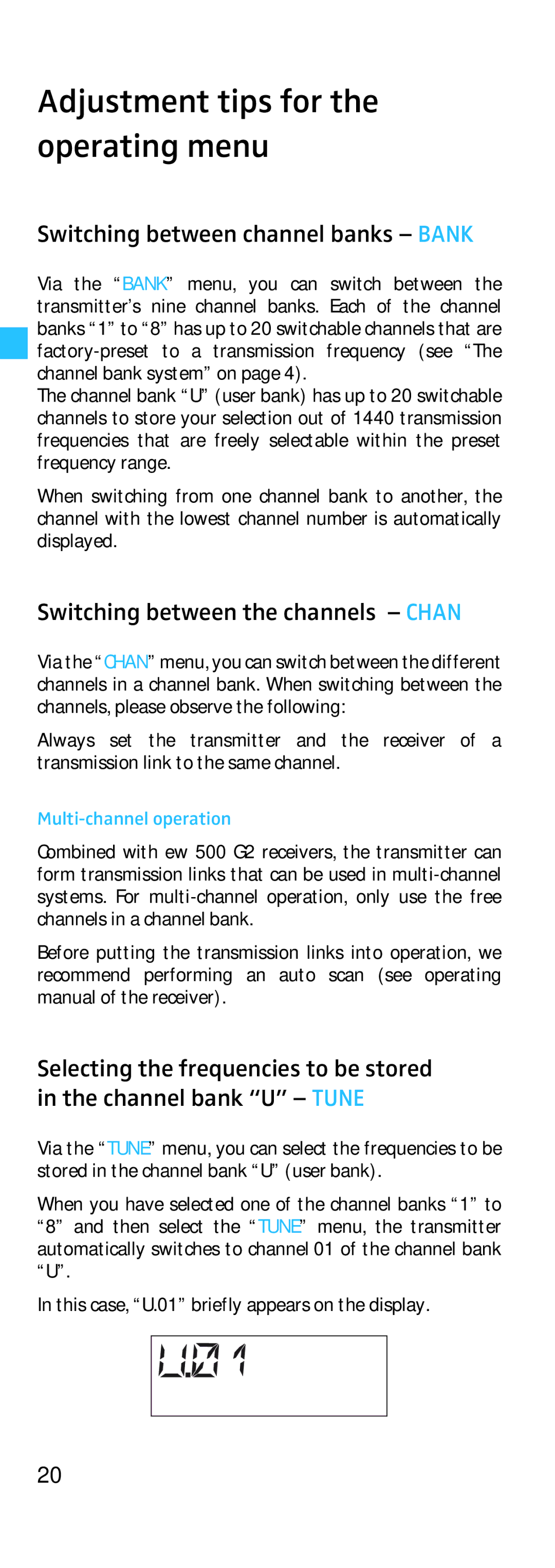 Sennheiser SK 500 Adjustment tips for the operating menu, Switching between channel banks Bank, Multi-channel operation 