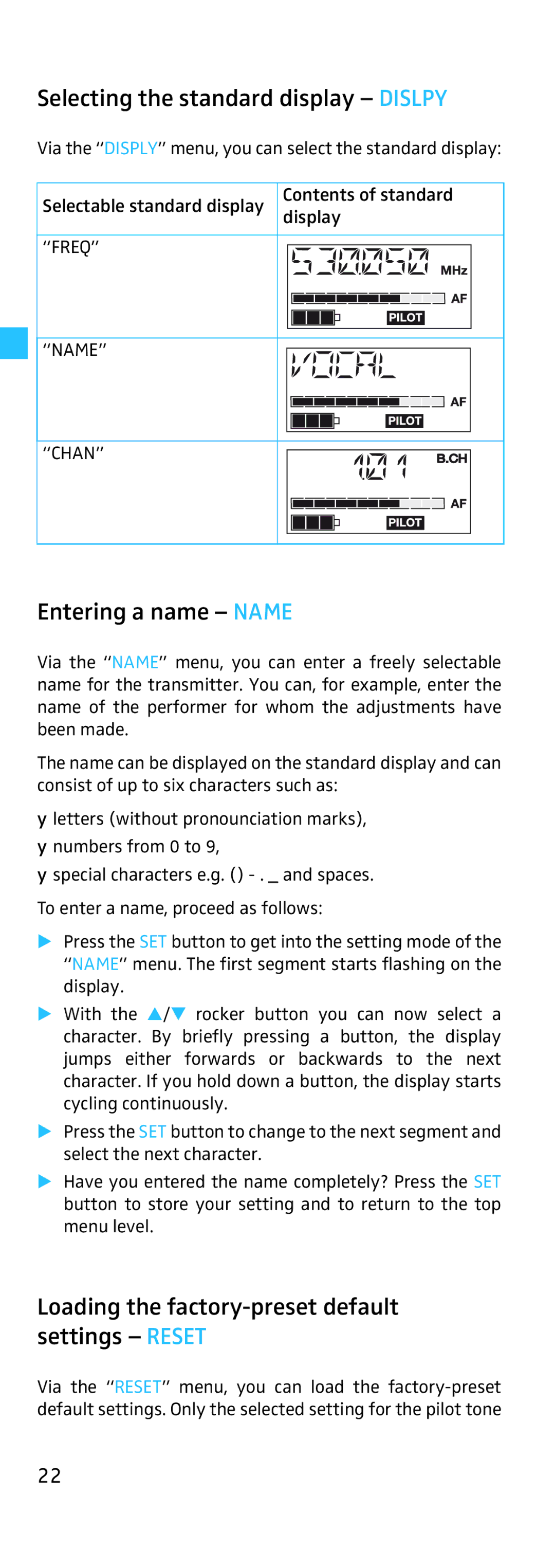 Sennheiser SK 500, EK 500 manual Selecting the standard display Dislpy, Entering a name Name 