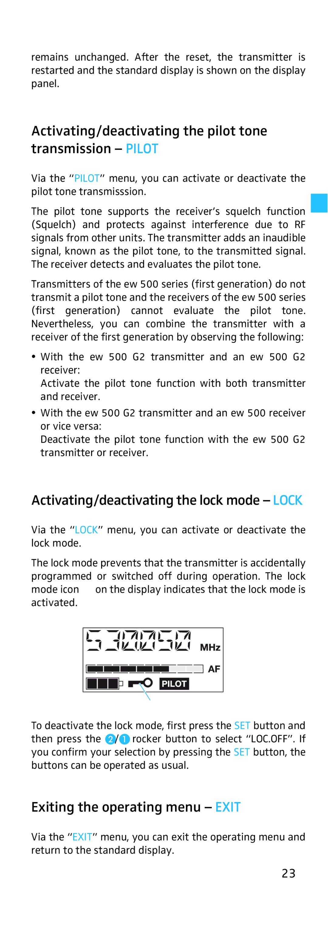 Sennheiser EK 500 Activating/deactivating the pilot tone transmission Pilot, Activating/deactivating the lock mode Lock 