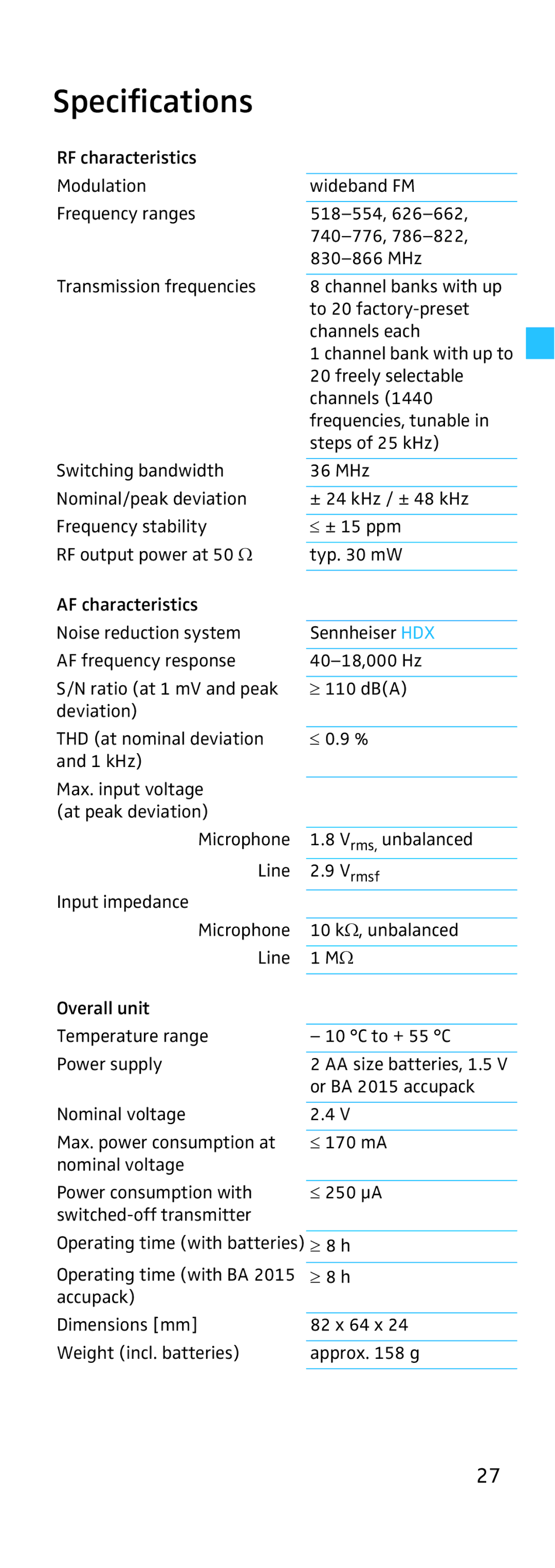 Sennheiser EK 500, SK 500 manual Specifications 