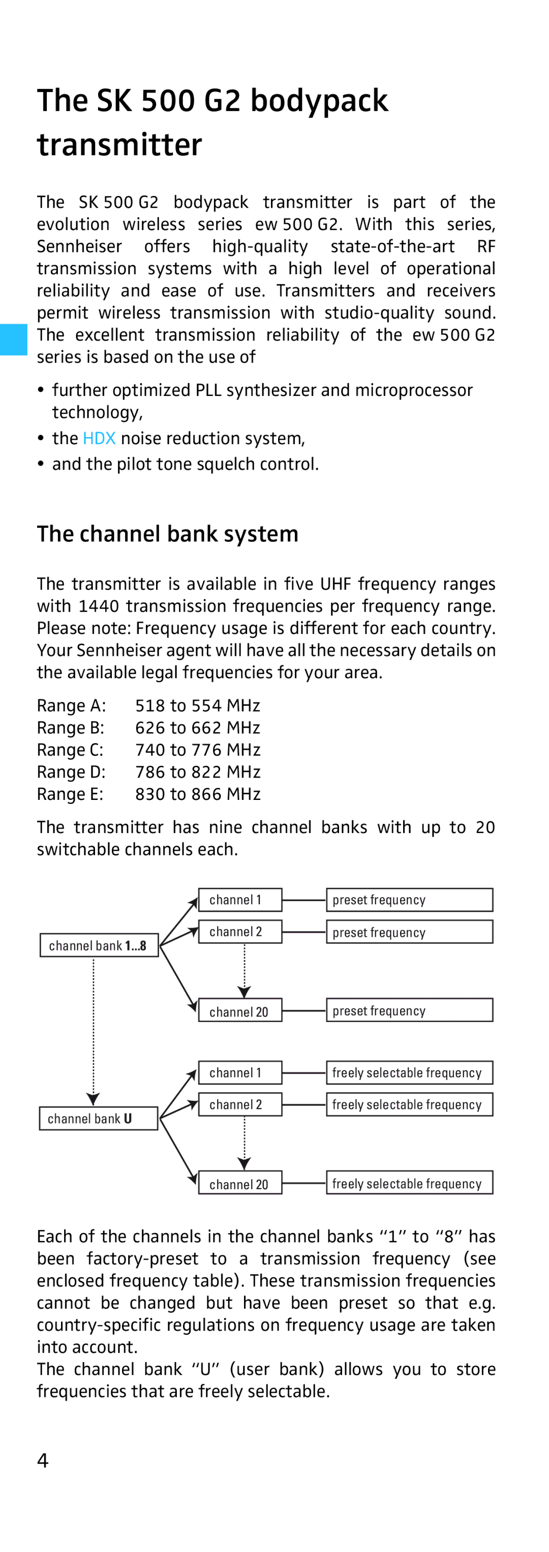 Sennheiser EK 500 manual SK 500 G2 bodypack transmitter, Channel bank system 