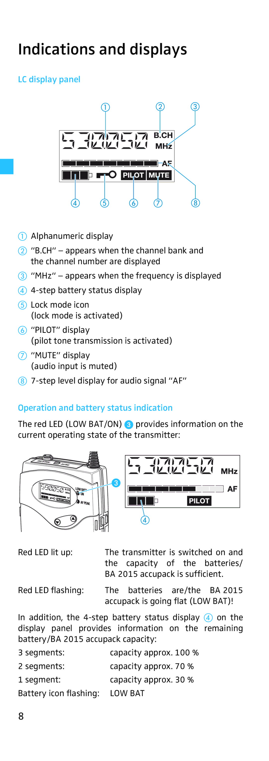 Sennheiser SK 500, EK 500 manual Indications and displays, LC display panel, Operation and battery status indication 