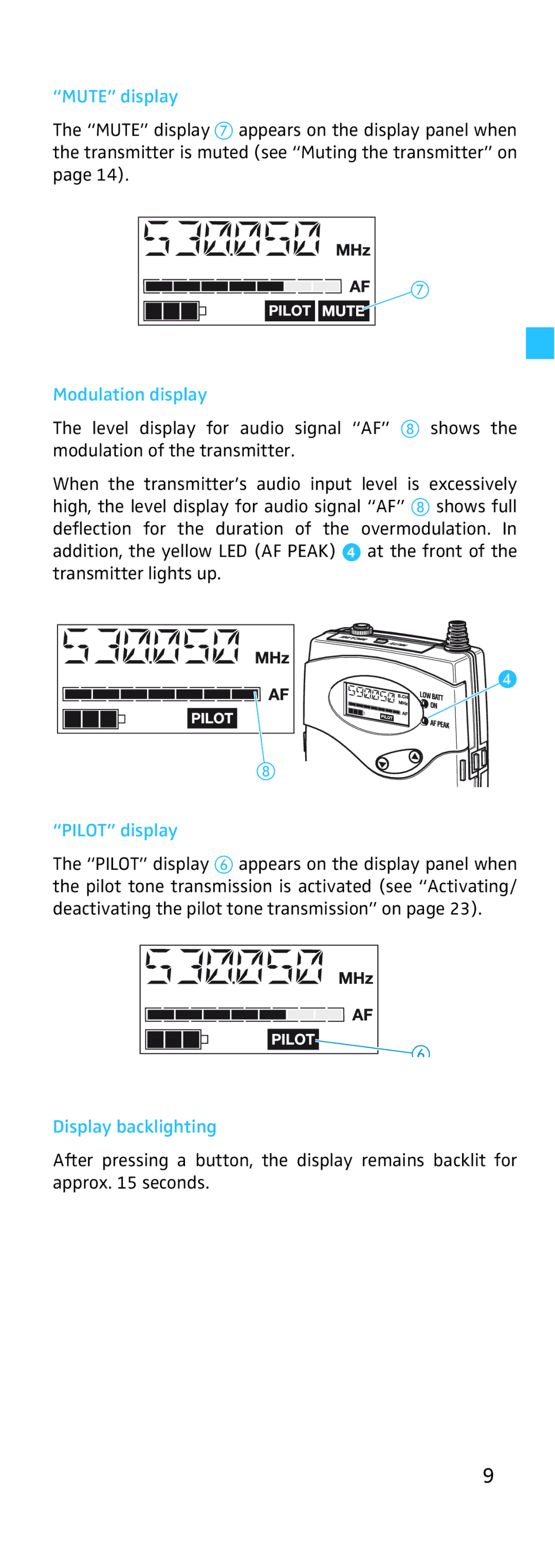 Sennheiser EK 500, SK 500 manual Mute display, Modulation display, Pilot display, Display backlighting 