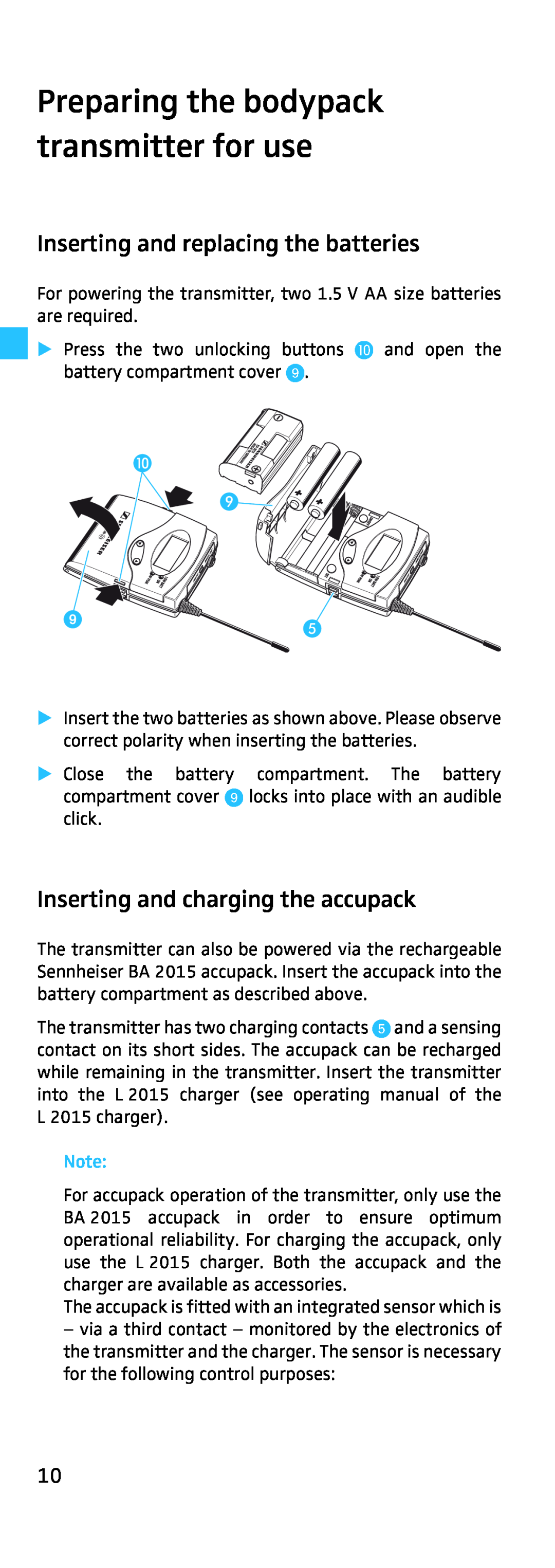 Sennheiser SK 500, EK 500 manual Inserting and replacing the batteries, Inserting and charging the accupack 