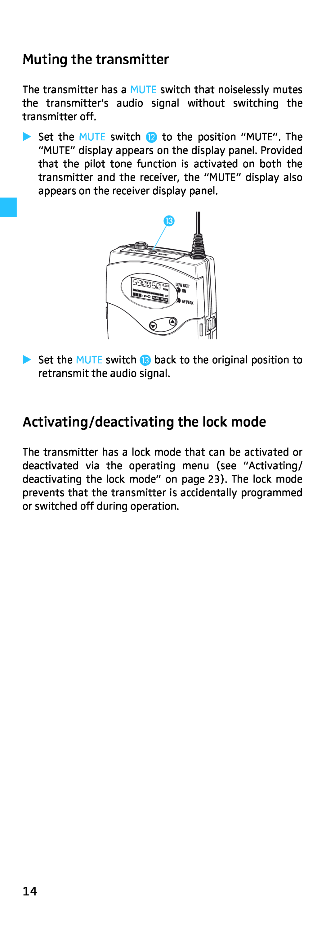 Sennheiser SK 500, EK 500 manual Muting the transmitter, Activating/deactivating the lock mode 